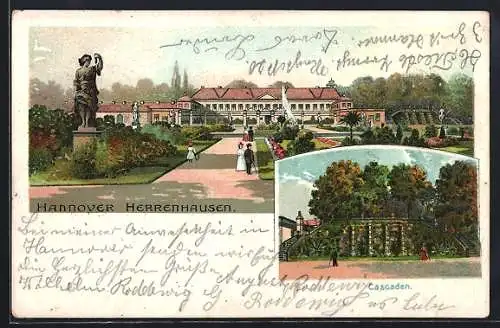 Lithographie Hannover, Schloss Herrenhausen, Parkanlage mit Springbrunnen, Cascaden