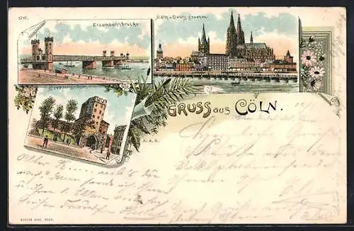 Vorläufer-Lithographie Köln, 1895, Severinsthor, Eisenbahnbrücke, Panorama von Deutz gesehen