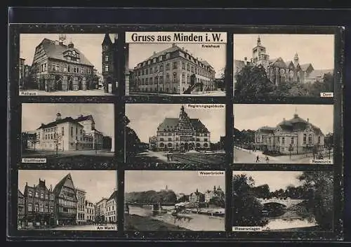 AK Minden i. W., Marktpartie, Stadttheater, Rathaus, Kreishaus, Ressource