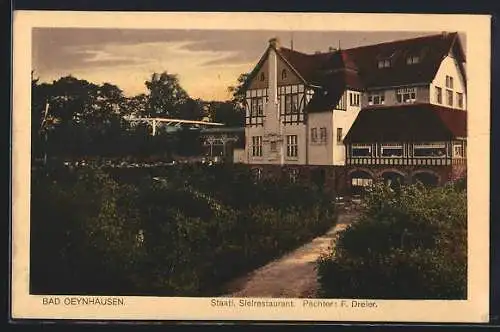 AK Bad Oeynhausen, Staatl. Sielrestaurant F. Dreier, Panorama mit Zugangsweg