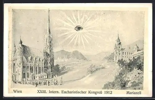 Künstler-AK Wien, Mariazell, XXIII., Internationaler Eucharistischer Kongress 1912, Panorama mit Kirche