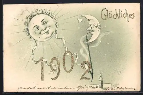 AK Jahreszahl 1902 und Pfeife rauchender Mond