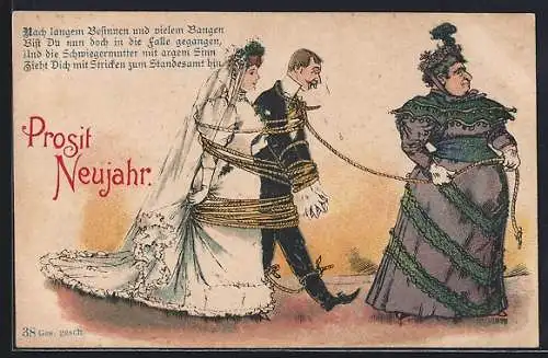 AK Frau zieht gefesseltes Ehepaar hinter sich her, frauenfeindlicher Humor, Neujahrsgruss, früher Druck