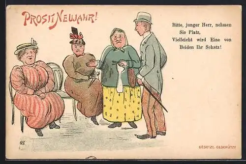 AK Junger Herr nimmt zwischen zwei Frauen Platz, Neujahrsgruss, frauenfeindlicher Humor, früher Druck