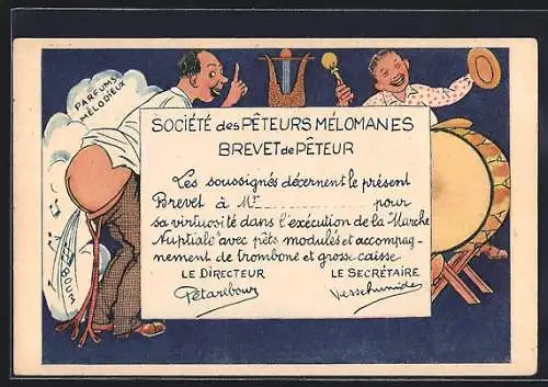 AK Societe des Peteurs Melomanes Brevet de Peteur, furzender Mann, Toilettenhumor