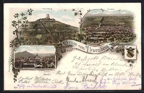 Lithographie Karlsruhe, Blick auf den Thurmberg, Ortsansichten