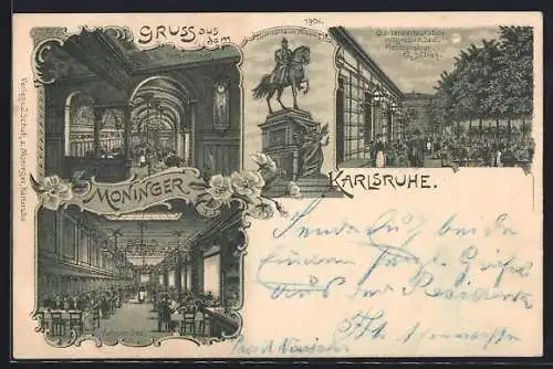 Lithographie Karlsruhe, Gasthaus Moninger, Tempelsaal, Garten, Denbkmal Kaiser Wilhelm