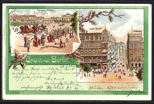 Lithographie Berlin, Pariser Platz, Café Bauer und Kranzlereck