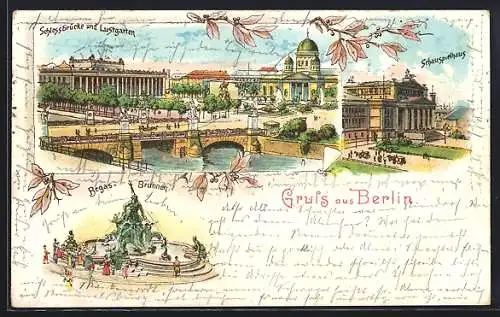 Lithographie Berlin, Schlossbrücke und Lustgarten, Begas-Brunnen, Schauspielhaus