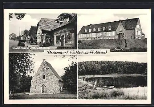 AK Brekendorf /Schleswig-Holstein, Geschäftshaus Rob. Jochimsen, Schule, Kirche