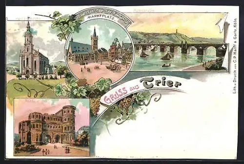 Lithographie Trier, Marktplatz, Porta nigra, Paulinskirche