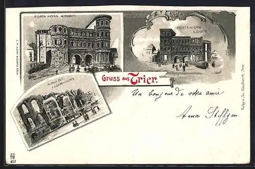 Lithographie Trier, Porta Nigra, Ruinen des Kaiserpalastes