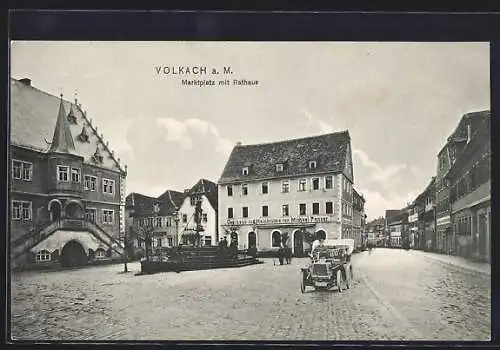 AK Volkach a. M., Gasthaus zur Mainbrücke v. Michael Panzer am Marktplatz, Rathaus