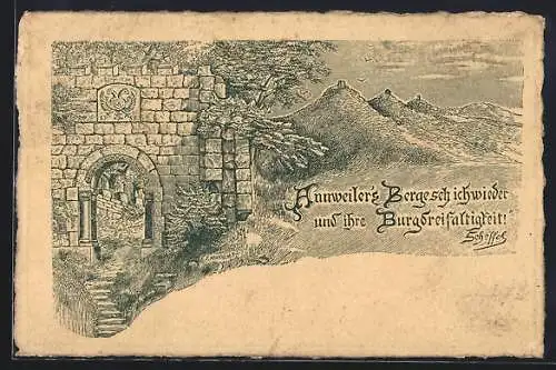 Lithographie Annweiler, Blick auf die drei Burgruinen