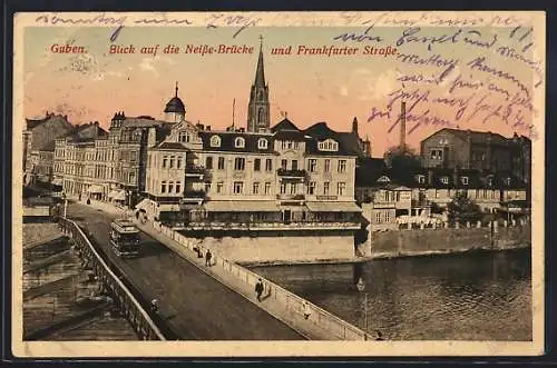 AK Guben, Blick auf die Neisse-Brücke und Frankfurter Strasse