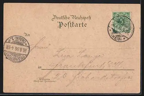 Lithographie Niederwald / Rhein, Eremitage Niederwald, Denkmal, Jagdschloss, Gesamtansicht am Fluss
