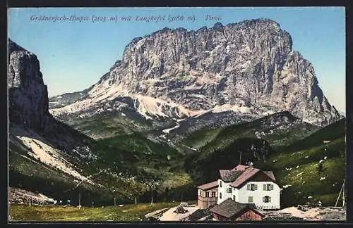 AK Berghütte, Grödnerjoch-Hospiz mit Langkofel in Tirol