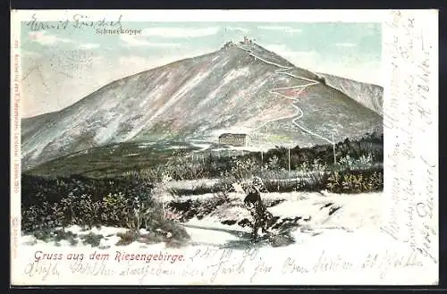 AK Berghütte und Blick zur Schneekoppe im Riesengebirge