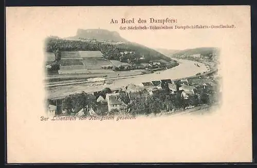 AK Königstein / Elbe, Teilansicht mit Lilienstein und Dampfer der Sächsisch-Böhmischen Dampfschiffahrts-Gesellschaft