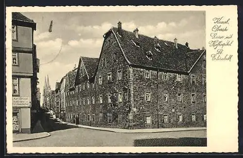 AK Kassel, Oberste Gasse mit Hofhospital St. Elisabeth u. Kirche, Strassenpartie