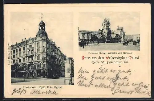 AK Berlin, Gaststätte Weihenstephan-Palast, Friedrichstr 176, Denkmal Wilhelm des Grossen