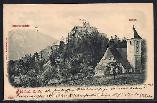 AK Breitenstein /N.-Oe., Klamm am Semmering, Kirche mit Ruine mit Blick zum Sonnwendstein