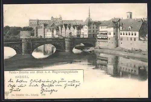 AK Kassel, Fulda-Brücke, Blick auf das Regierungsgebäude