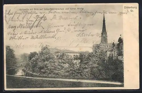 AK Oldenburg / O., Wallpartie mit Blick auf Volks-Mädchenschule und kathol. Kirche