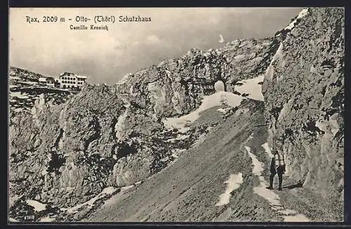 AK Rax, Otto-Thörl-Schutzhaus, Camillo Kronich, Wanderer auf dem Weg zum Schutzhaus