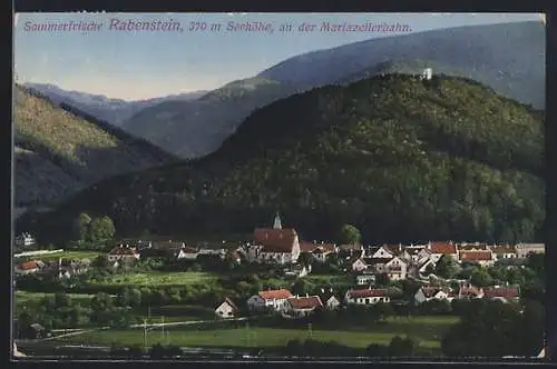 AK Rabenstein an der Mariazellerbahn, Ortsansicht gegen bewaldete Berge