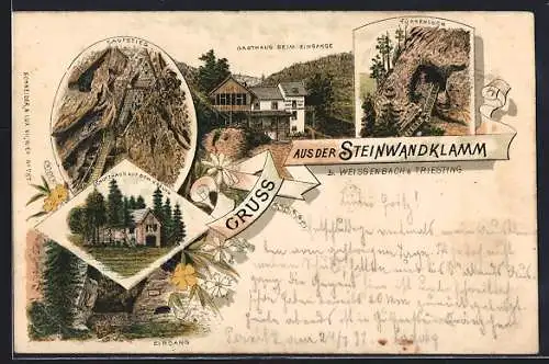 Lithographie Furth an der Triesting, Steinwandklamm, Gasthaus beim Eingange, Schutzhaus auf dem Kreuth