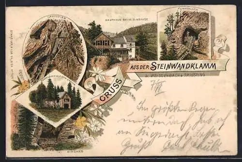 Lithographie Furth an der Triesting, Steinwandklamm, Gasthaus beim Eingange, Schutzhaus auf dem Kreuth