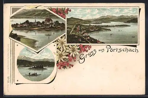 Lithographie Pörtschach, Schlangeninsel, Maria Wörth, Panorama