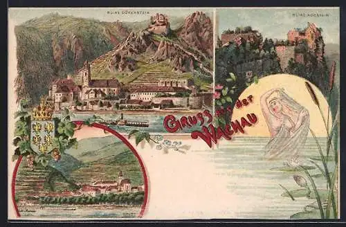 Lithographie Dürnstein, Ruine Dürenstein mit Ortsansicht, Ruine Aggstein, Gesamtansicht von Spitz, Wappen, Nixe