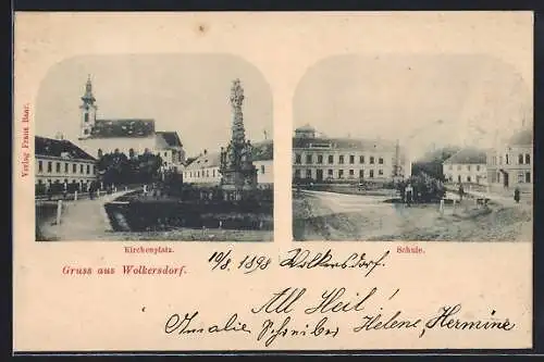 AK Wolkersdorf, Blick auf Kirchplatz und Schule