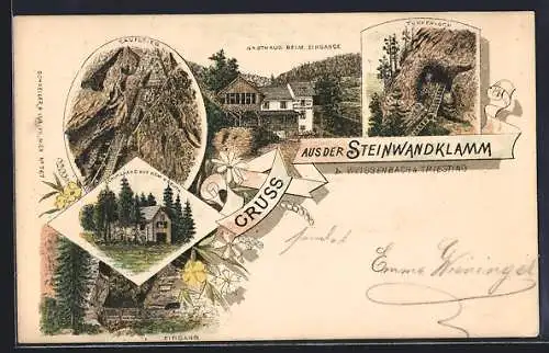 Lithographie Weissenbach a. Triesting, Gasthaus beim Eingang zur Steinwandklamm, Türkenloch