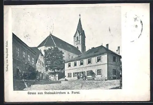 AK Steinakirchen a. Forst, Ortspartie mit Geschäft und Kirche