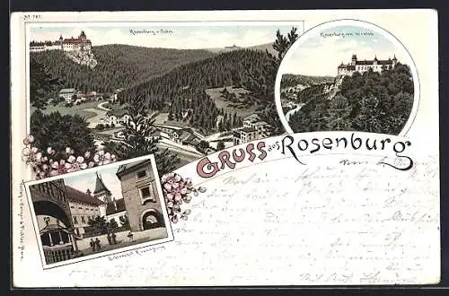 Lithographie Rosenburg, Gesamtansicht, Schlosshof Rosenburg, Blick zur Rosenburg