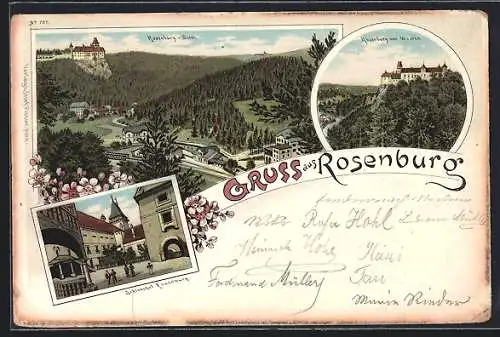 Lithographie Rosenburg, Gesamtansicht, Schlosshof Rosenburg, Blick zur Rosenburg