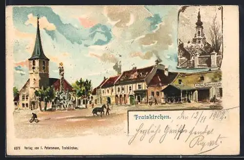 Lithographie Traiskirchen, Geschäft von Anton S. und Kirche