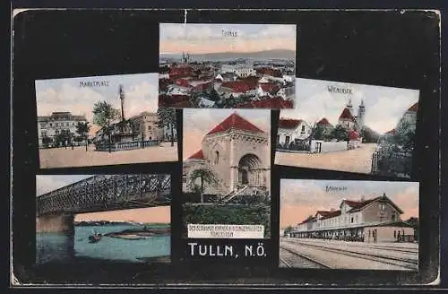 AK Tulln /N.-Ö., Bahnhof, Wienerstrasse, Marktplatz, Karner mit Römerstein