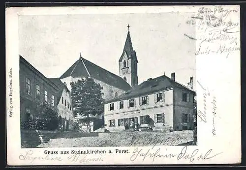 AK Steinakirchen a. Forst, Gasthaus mit Kirche