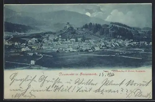 Mondschein-AK Neumarkt /Steiermark, Gesamtansicht mit Feldern und Bergpanorama