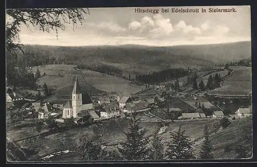 AK Hirschegg, Ortsansicht mit Kirche und Blick ins Land