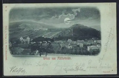 Mondschein-AK Hinterbrühl, Totalansicht mit Feldern und Bergen aus der Vogelschau