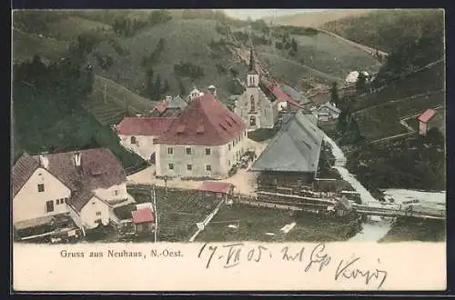 AK Neuhaus /N.-Ö, Totalansicht mit Brücke und Kirche aus der Vogelschau