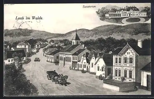 Künstler-AK Laab im Walde, Sanatorium, Strassenpartie mit Denkmal und Bergpanorama