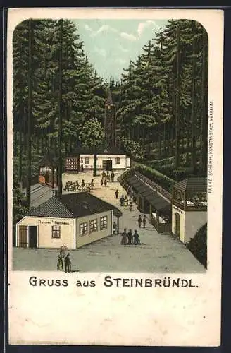 Lithographie Krummnussbaum, Maria Steinbründl, Strassenpartie mit Gasthaus Renner