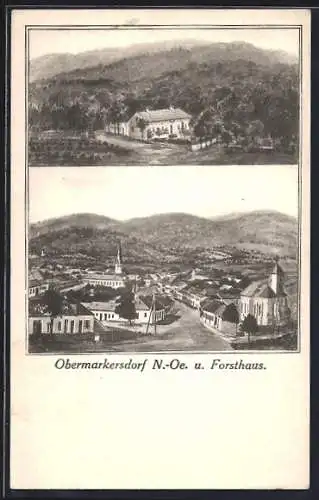 Künstler-AK Schrattenthal /N.-Oe., Obermarkersdorf, Forsthaus, Strassenpartie