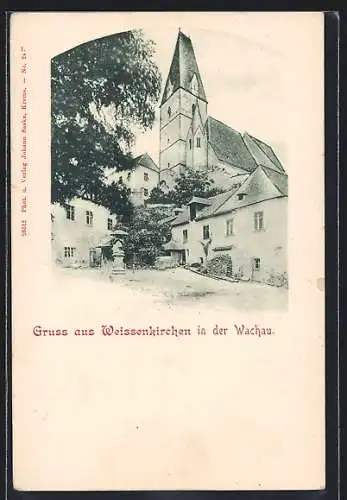 AK Weissenkirchen in der Wachau, Strassenpartie mit Kirche